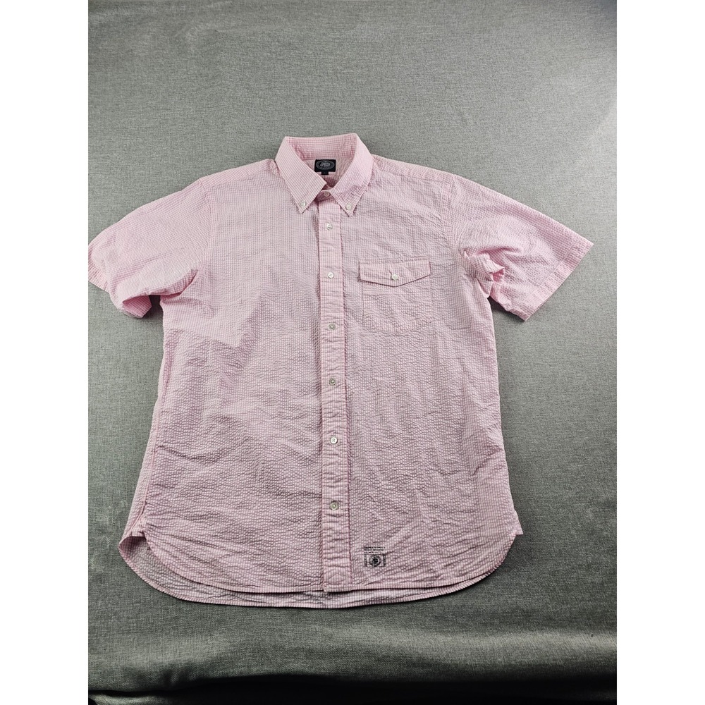 J Press Seersucker Shirt Mens Large Pink Button Down Short Sleeve Pocket